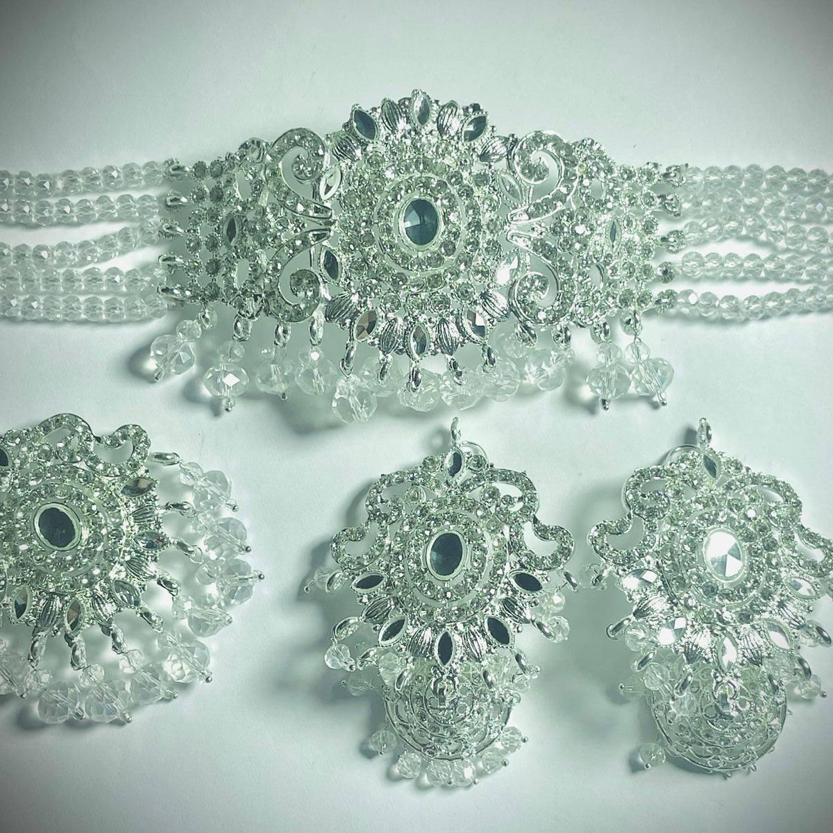 Crystal Bridal Choker Set – Premium Silver Finish