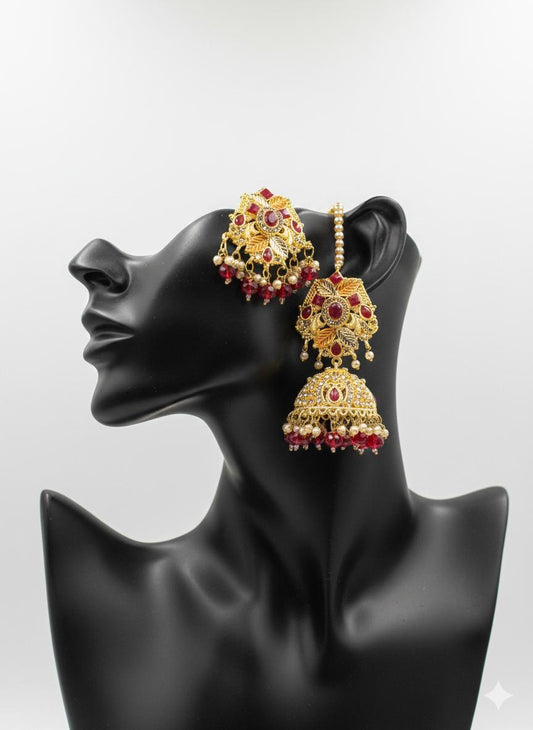 Red & Gold Bridal Bindi with Jhumka Earrings