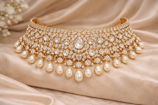 Crystal Bridal Choker Set – Premium Silver Finish