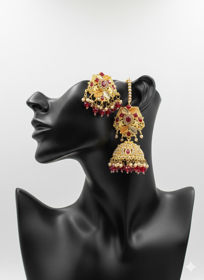 Red & Gold Bridal Bindi with Jhumka Earrings