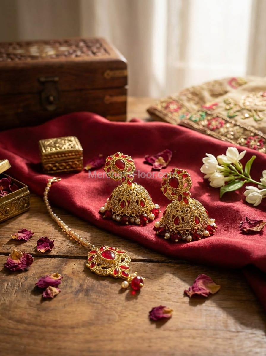 Red & Gold Bridal Jhumka Set – Luxury Kundan Wedding Jewelry
