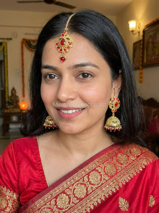 Red & Gold Bridal Jhumka Set – Luxury Kundan Wedding Jewelry